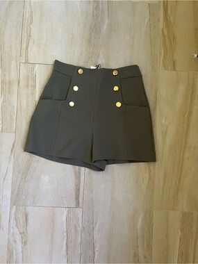 Zara Olive High-Waist Military Button Shorts